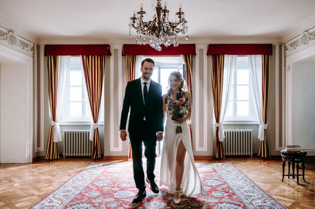 villa bonomo wedding trieste couple walking elegant italian villa interior