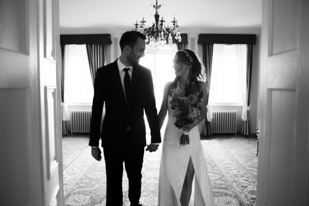 villa bonomo wedding trieste bride and groom walking together intimate moment
