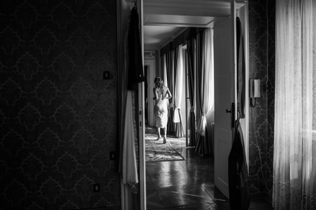 bride walking hallway villa bonomo wedding trieste italy elegant bridal moment