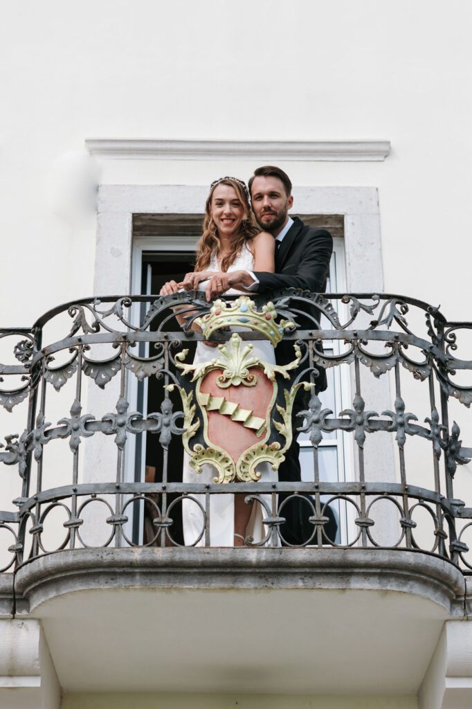 villa bonomo wedding trieste bride and groom balcony portrait italy