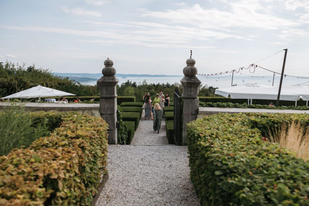 outdoor wedding ceremony garden villa bonomo trieste italy sea view