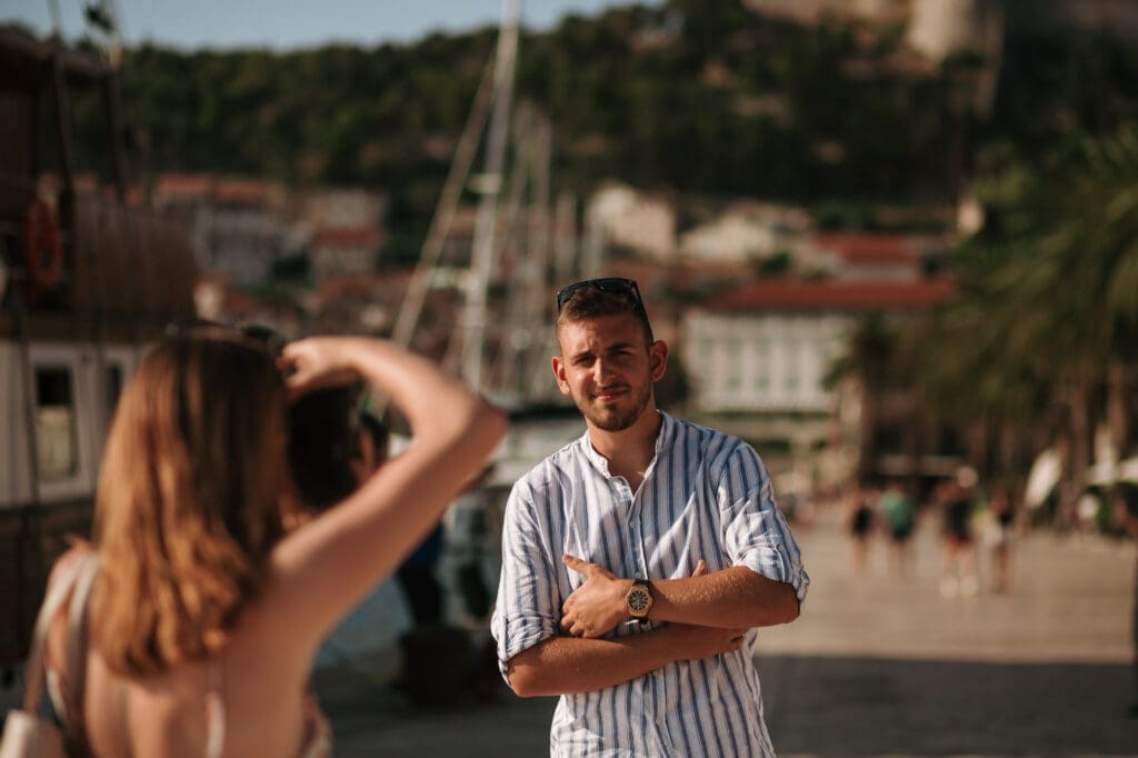 Couple exploring Hvar town during an intimate Croatia elopement on Hvar island