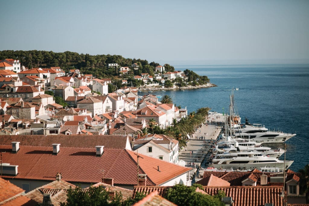 Scenic view over Hvar town and the Adriatic coast for romantic Hvar elopement inspiration in Croatia