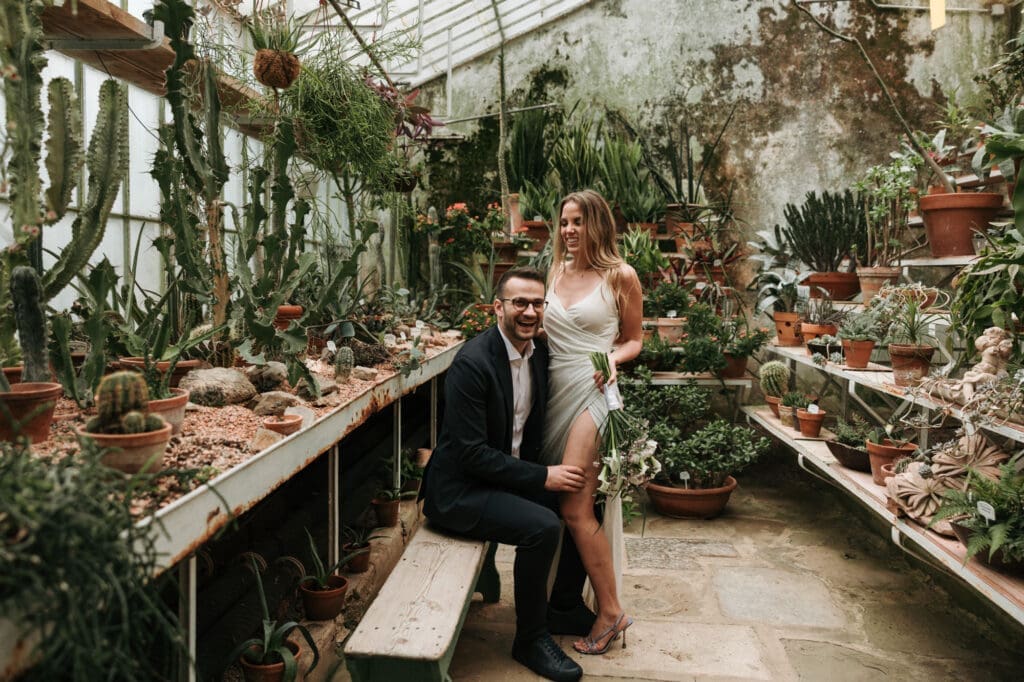 Wedding portraits of Asja and Bini inside the greenhouse at Villa Mirasasso near Sežana, Slovenia.