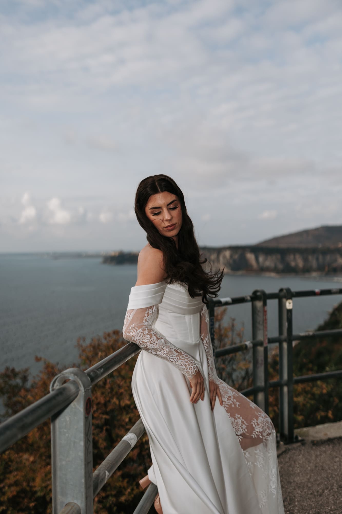 Bridal portrait above the Adriatic coast near Portopiccolo and Trieste, Italy