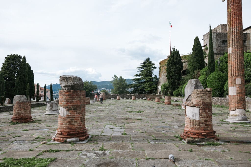 Ancient Roman ruins at Castello di San Giusto overlooking the city of Trieste, Italy