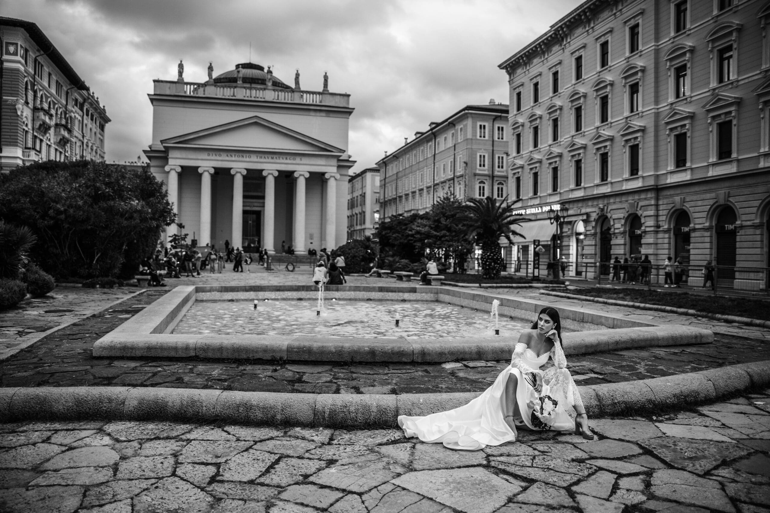 Bride portrait in front of Sant'Antonio Nuovo church in Trieste, Italy